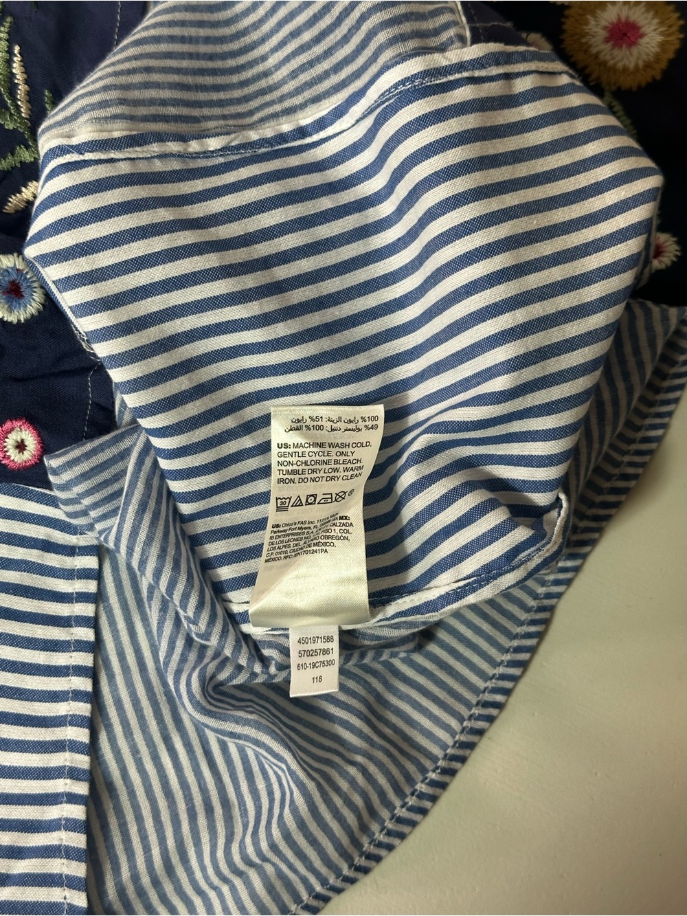 Chico’s Embroidered Floral Striped Patchwork Boho Peasant Blouse Size 2P - Picture 10 of 11